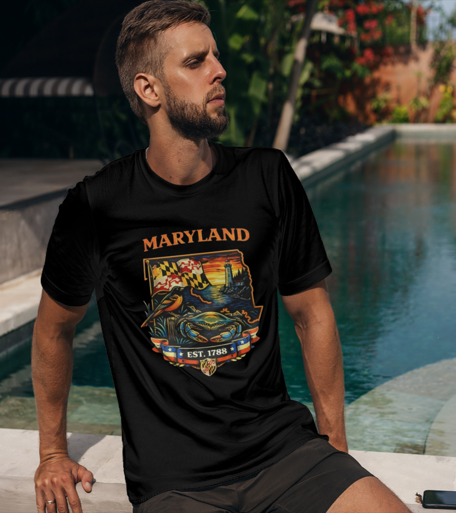 Maryland Est 1788 Crab Lighthouse Scene With Flag And Bird T-Shirt
