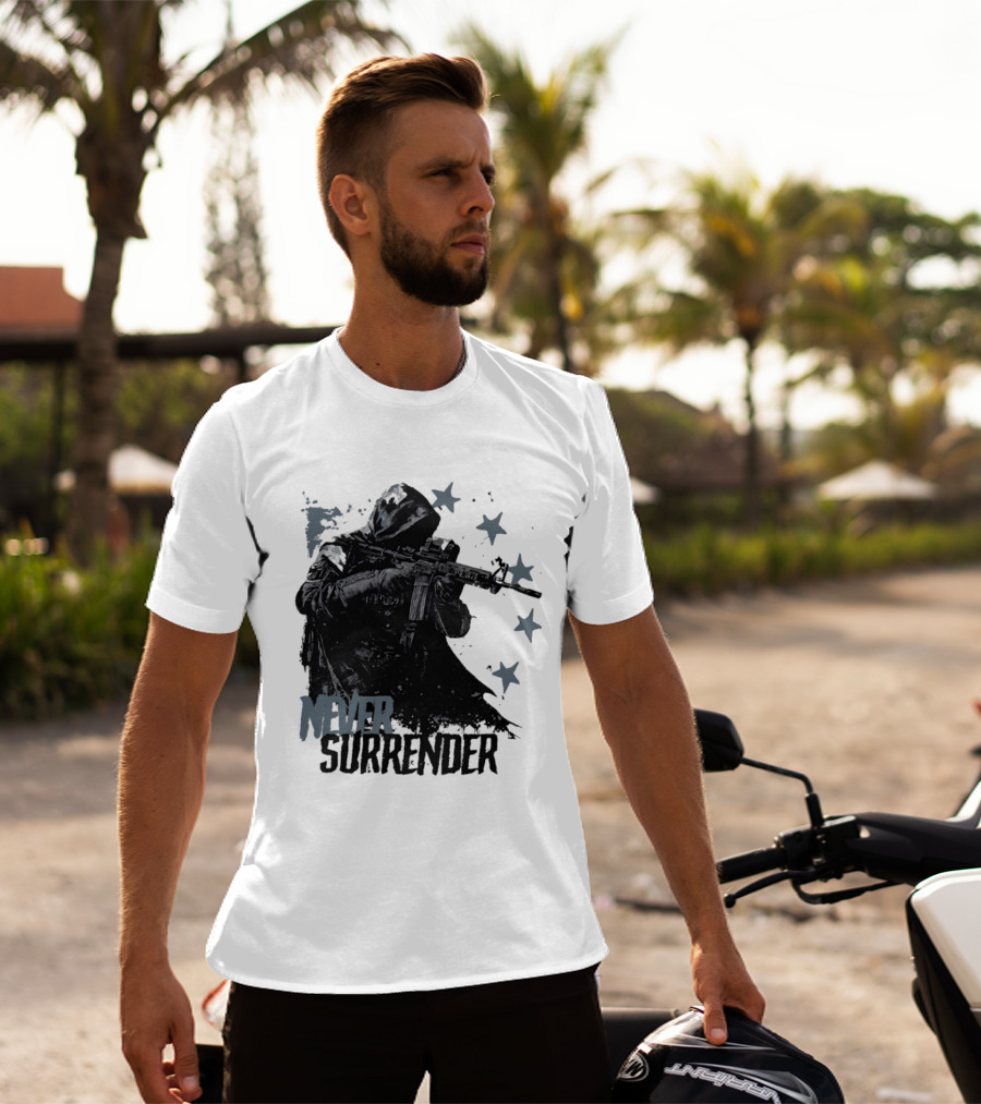 Never Surrender Reaper With Hooded Figure And Rifle T-Shirt