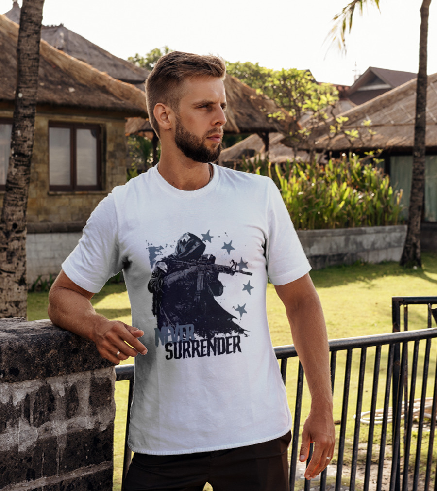 Never Surrender Reaper With Hooded Figure And Rifle T-Shirt