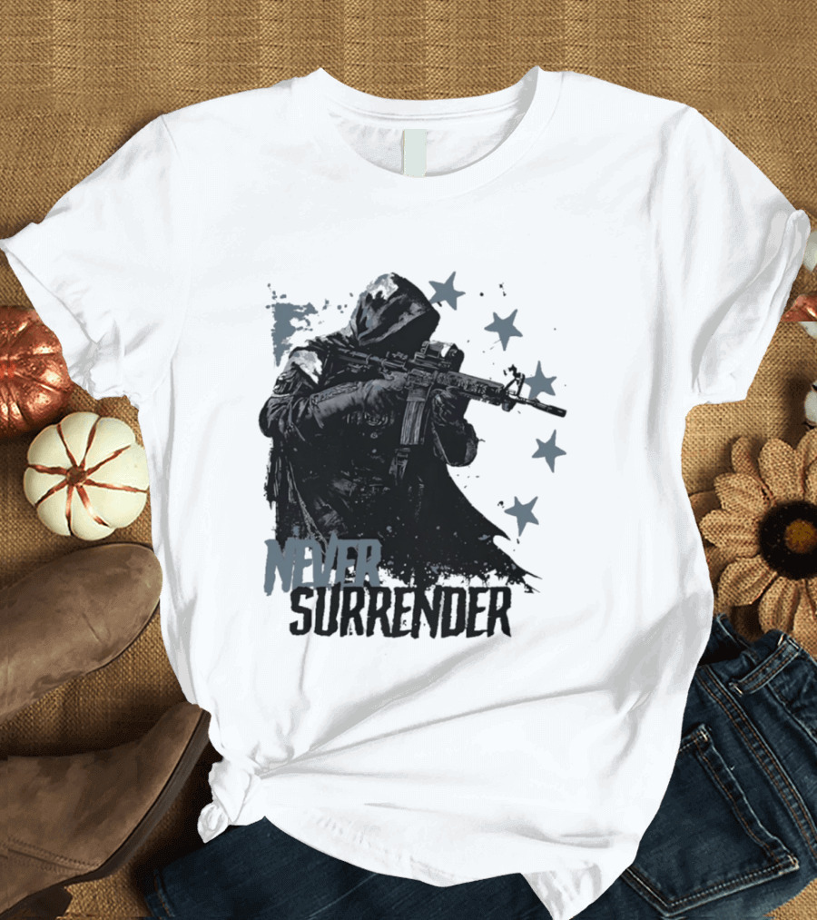 Never Surrender Reaper with Hooded Figure and Rifle T-Shirt