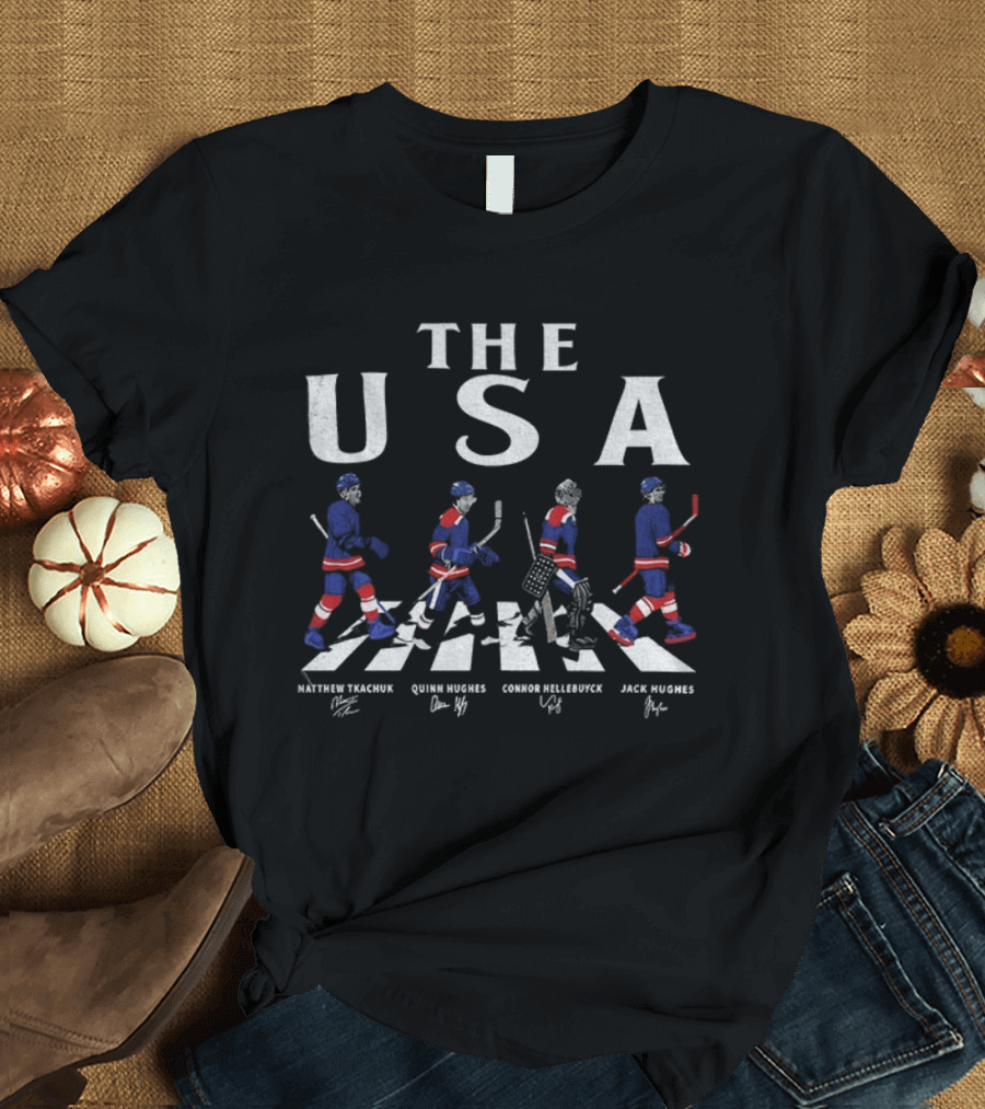 THE USA Hockey Matthew Tkachuk Quinn Hughes Connor Hellebuyck Jack Hughes Abbey Road 2026 T-Shirt