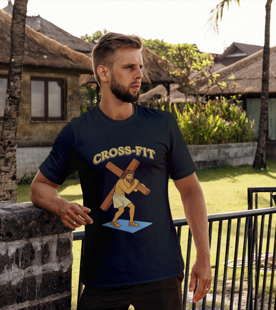Cross Fit Jesus Cartoon Carrying Cross T-Shirt