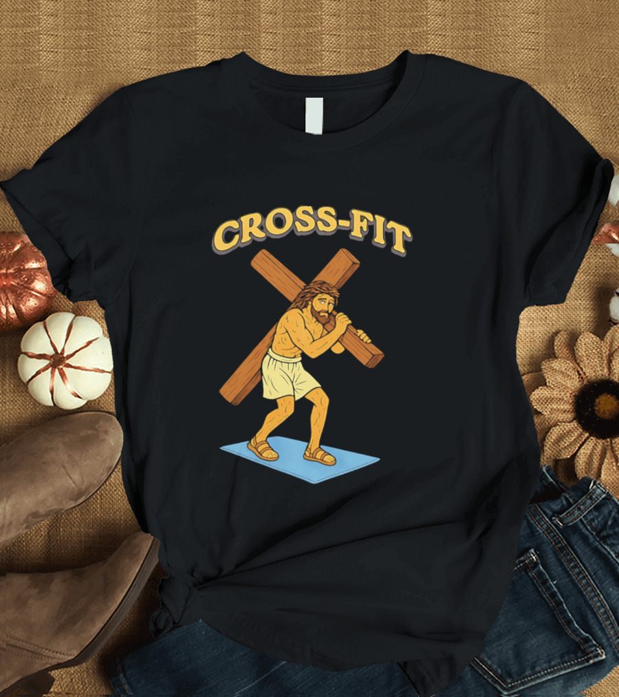 Cross Fit Jesus Cartoon Carrying Cross T-Shirt