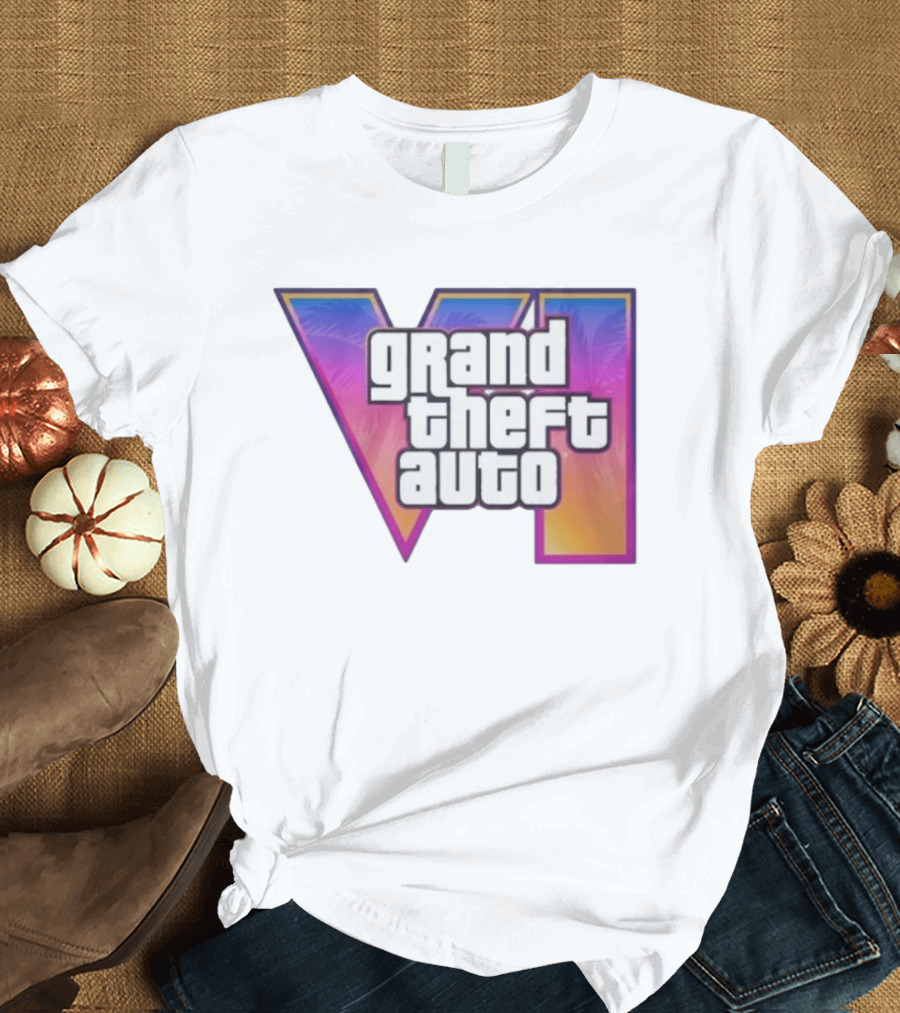 Grand Theft Auto VI 2025 GTA 6 VI Logo With Sunset Palm T-Shirt