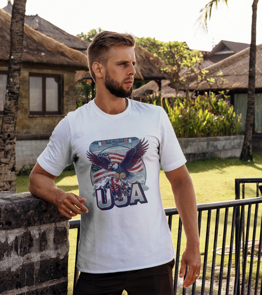 USA Hockey Eagle 1980 2026 American Flag Ice Rink T-Shirt