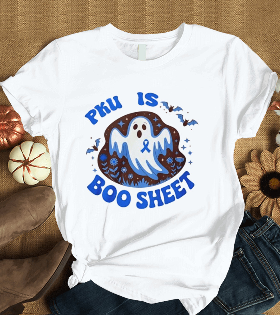 PKU Is Boo Sheet Ghost With Awareness Ribbon And Bats T-Shirt