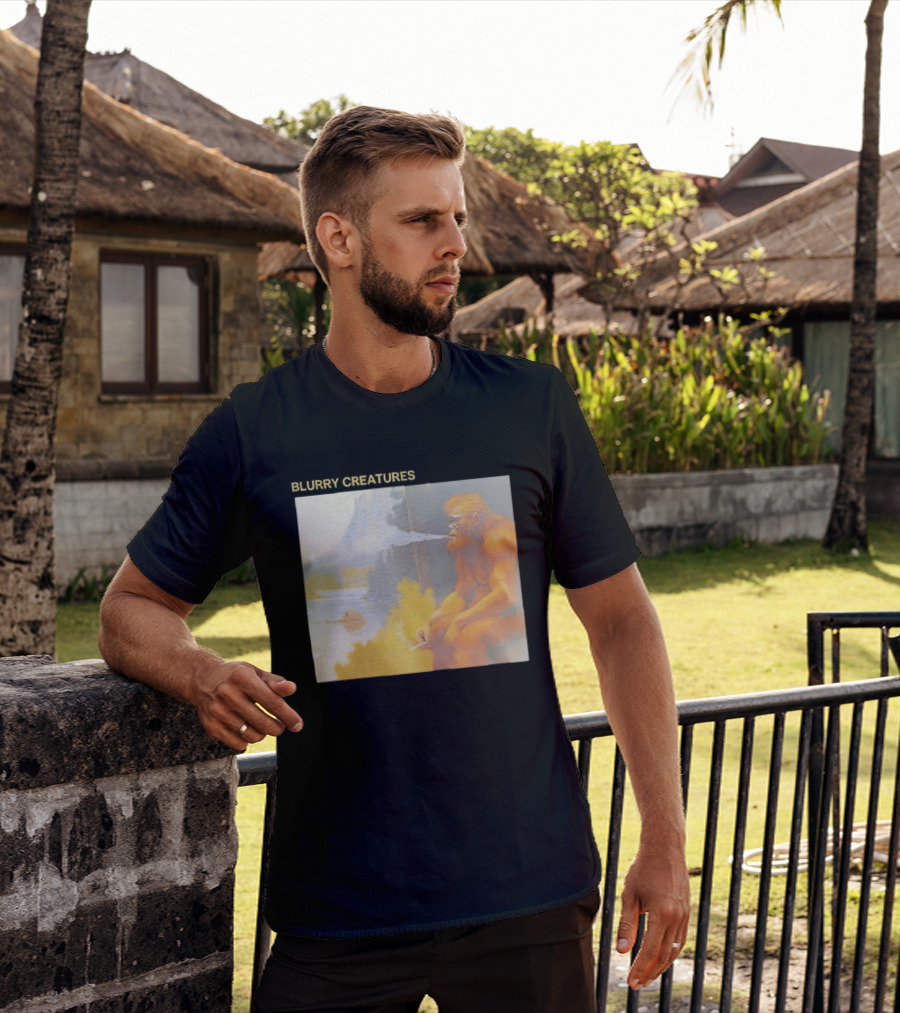 Bigfoot Blurry Creatures Smoking By Lake Mountain Scene T-Shirt