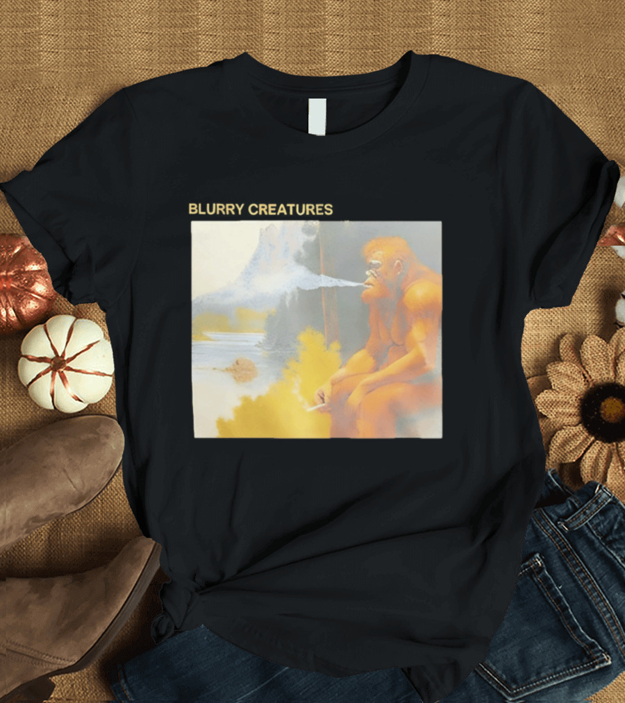 Bigfoot Blurry Creatures Smoking By Lake Mountain Scene T-Shirt