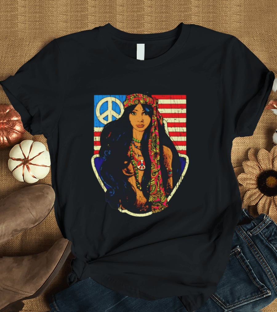 Peace Is Natural 1969 Bohemian Hippie Woman American Flag T-Shirt