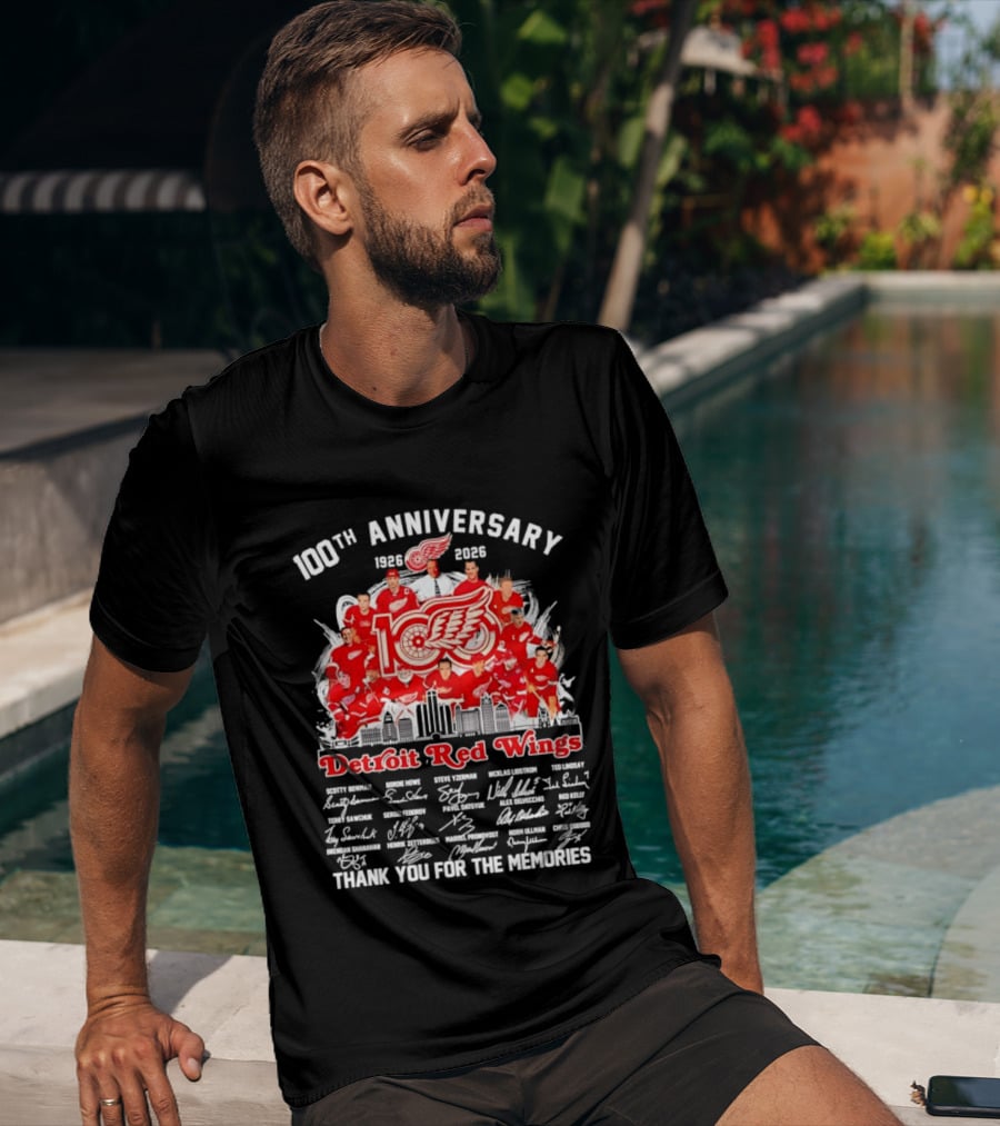 Detroit Red Wings 100th Anniversary 1926 2026 Thank You For The Memories Player Skyline T-Shirt