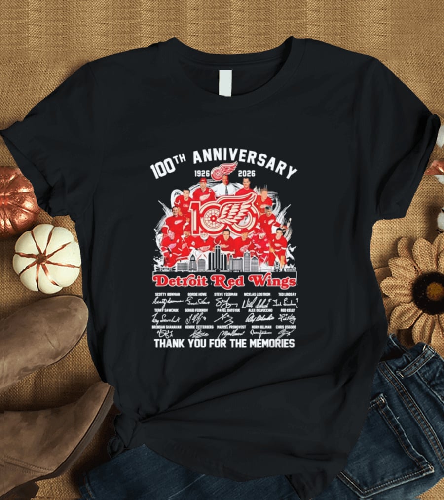 Detroit Red Wings 100th Anniversary 1926 2026 Thank You For The Memories Player Skyline T-Shirt