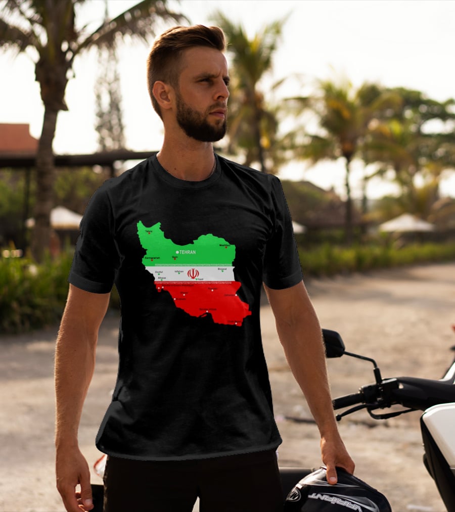 Iran Map With Flag Tehran Tabriz Mashhad Esfahan Shiraz Yazd Cities T-Shirt