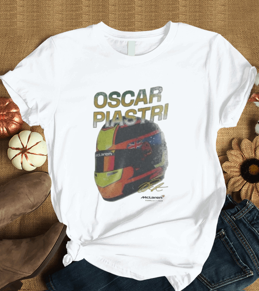 Oscar Piastri McLaren Racing Helmet Flag Signature T-Shirt