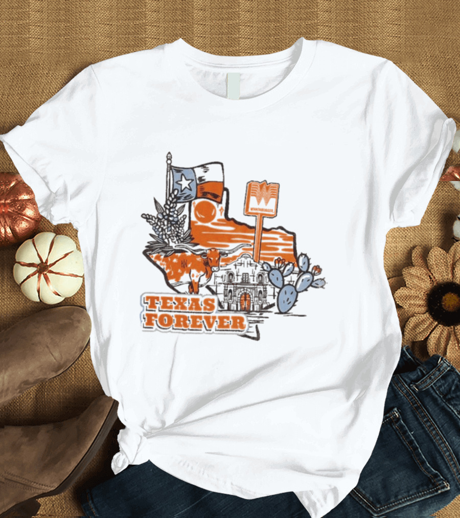 Texas Forever Alamo Whataburger Collaboration With Lone Star Flag And Cactus T-Shirt