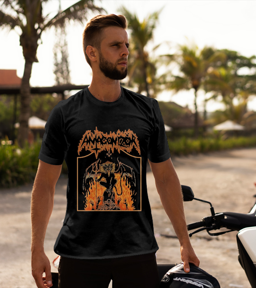 Antagonizör Into The Fires Flaming Skull Metal Demon T-Shirt