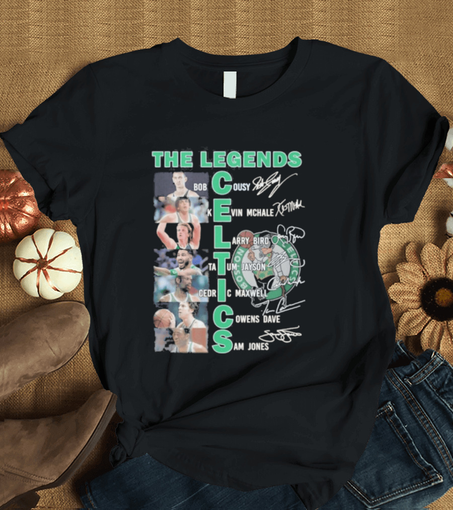 The Legends Boston Celtics Players Bob Cousy Kevin McHale Larry Bird Cedric Maxwell Dave Cowens Sam Jones T-Shirt