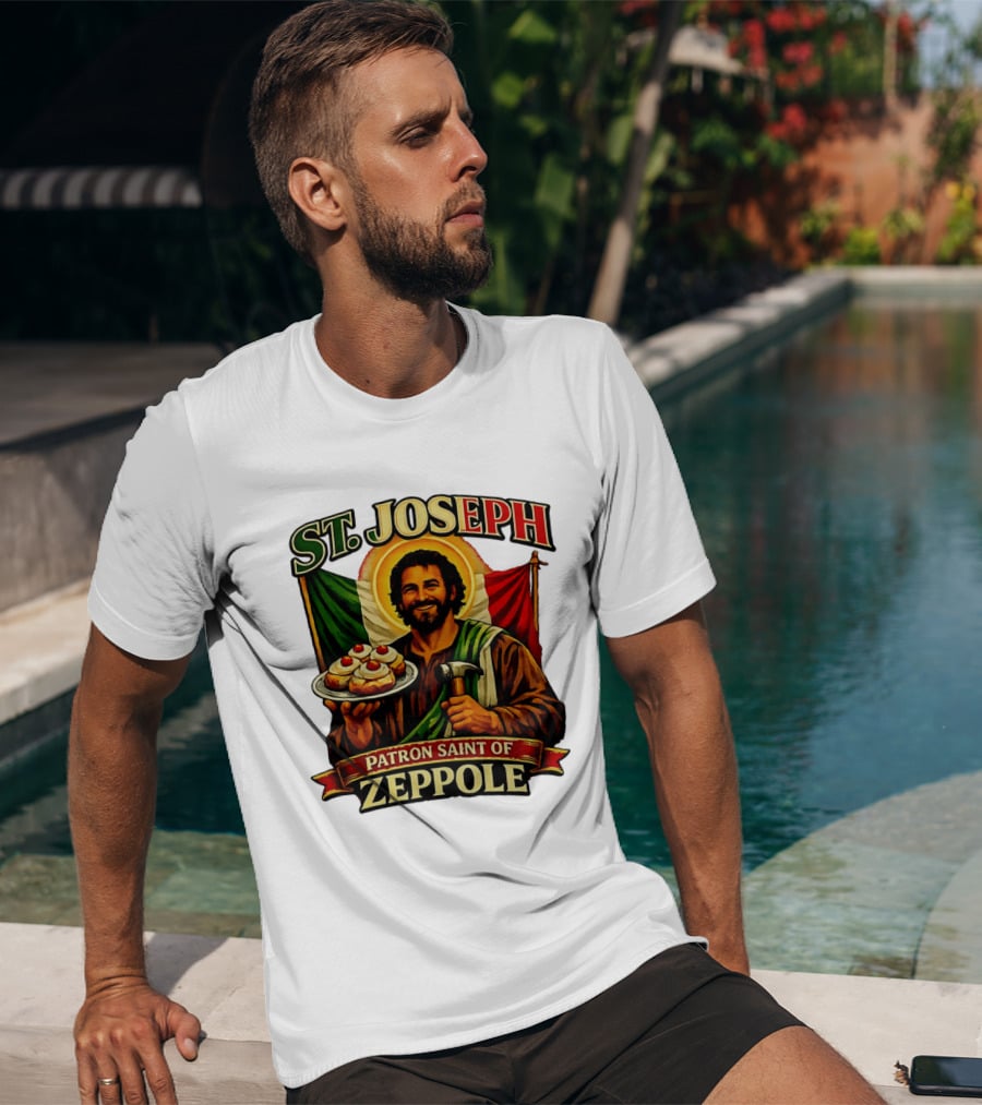 St. Joseph Patron Saint Of Zeppole With Italian Flag Icon And Halo Providing Hammer And Pastries T-Shirt