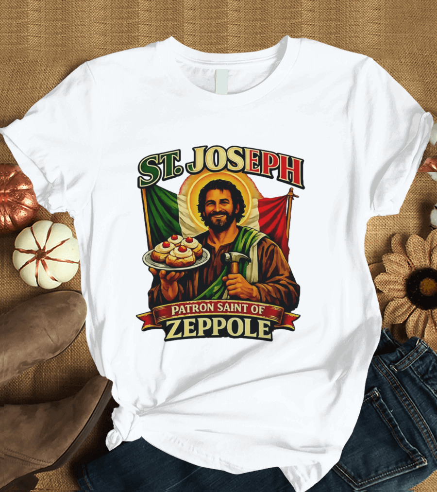 St. Joseph Patron Saint Of Zeppole With Italian Flag Icon And Halo Providing Hammer And Pastries T-Shirt