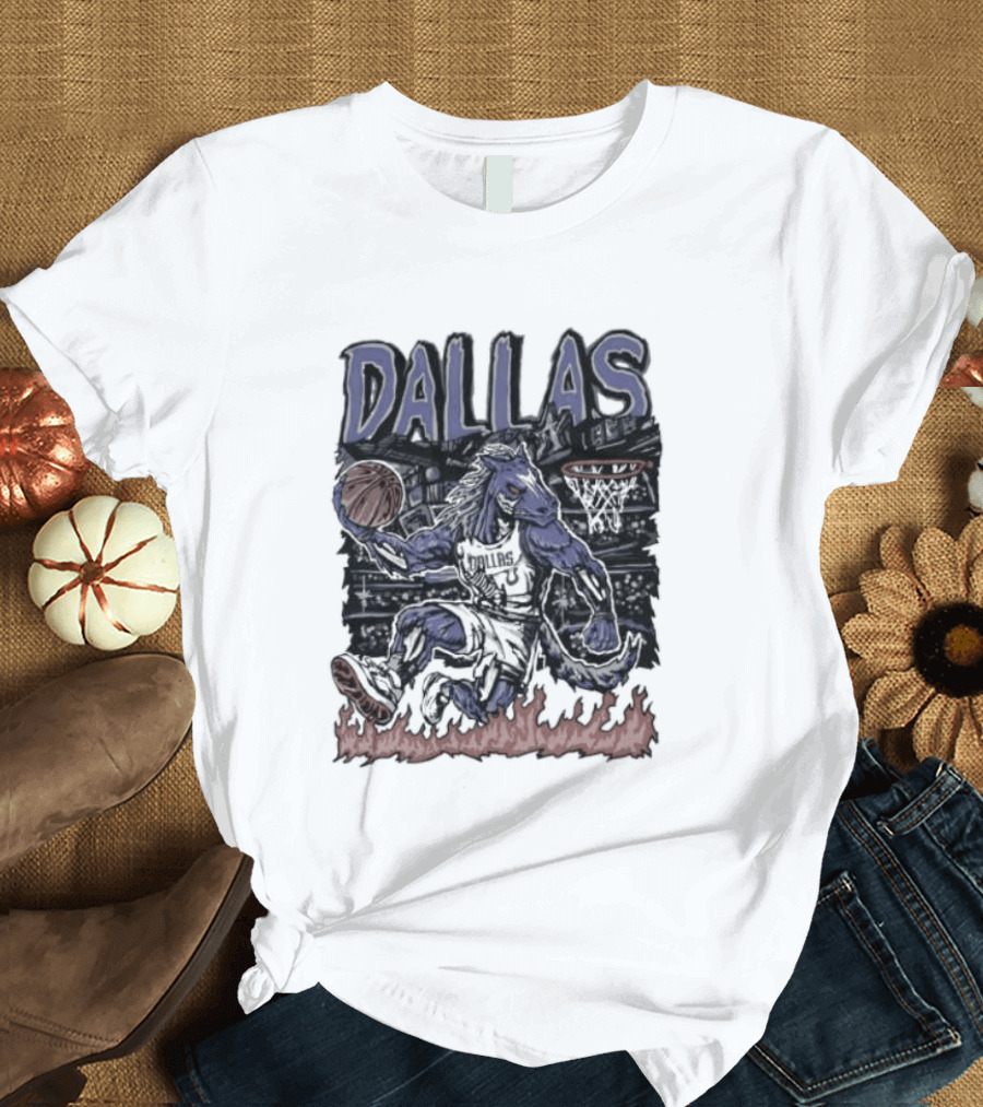 Dallas Mavericks Champ Cartoon Basketball Player Fire Hoops T-Shirt