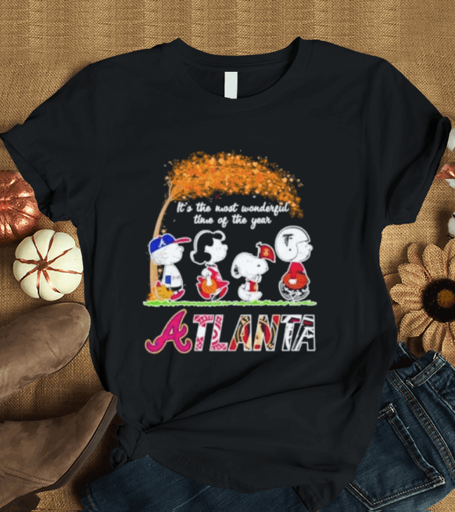Atlanta Peanuts Characters Autumn Baseball It's The Most Wonderful Time Of The Year T-Shirt