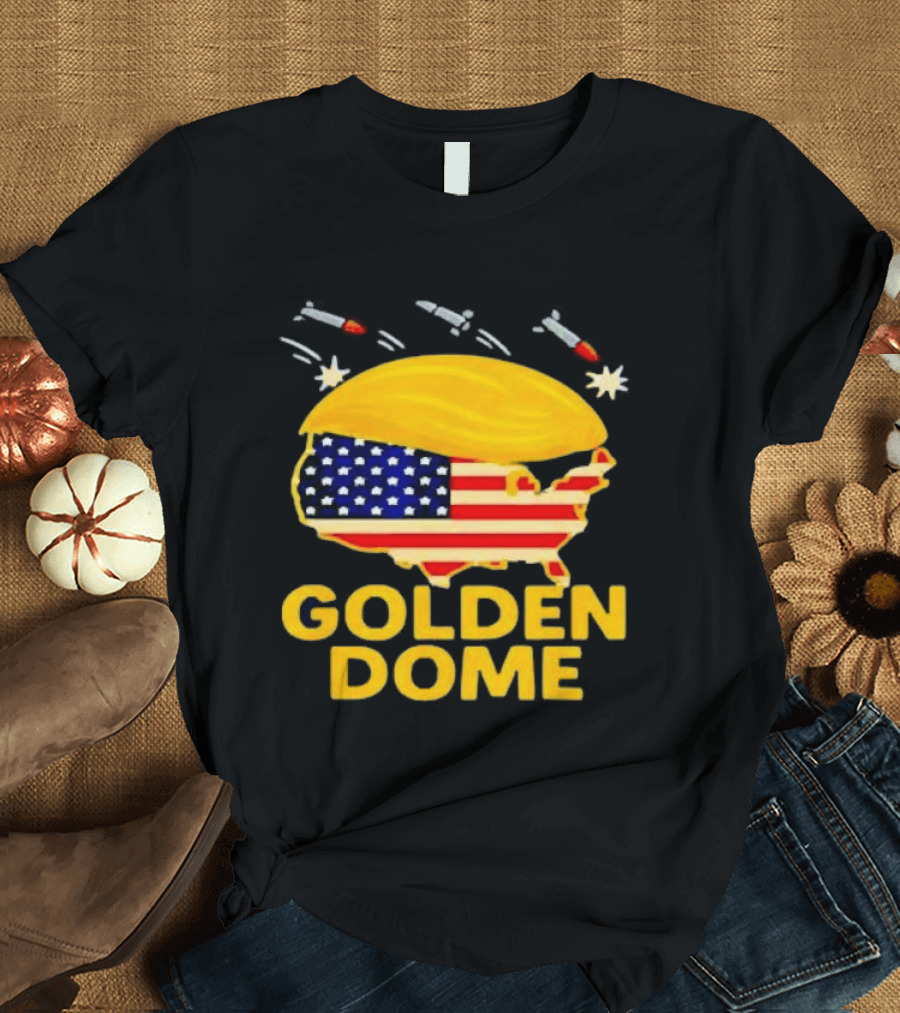 Golden Dome USA Map Trump Hair Shield With Stars And Stripes T-Shirt