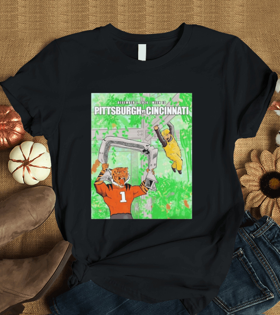 Pittsburgh Steelers Vs Cincinnati Bengals December 1 2024 Week 13 Cartoon Tiger And Construction Worker Jungle Showdown T-Shirt