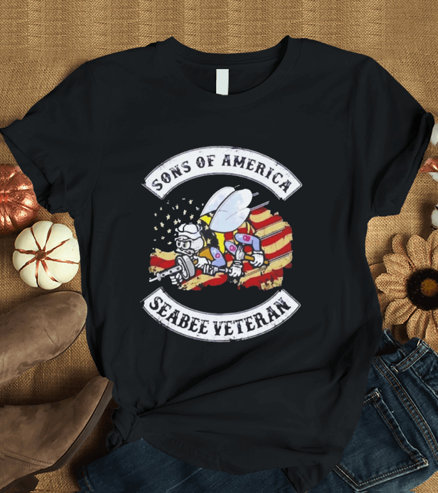Sons Of America Seabee Veteran US Flag Military Pride T-Shirt