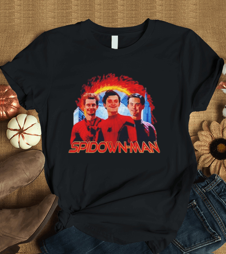 Spidown Man Trio Mashup With Fire And Spider Web T-Shirt