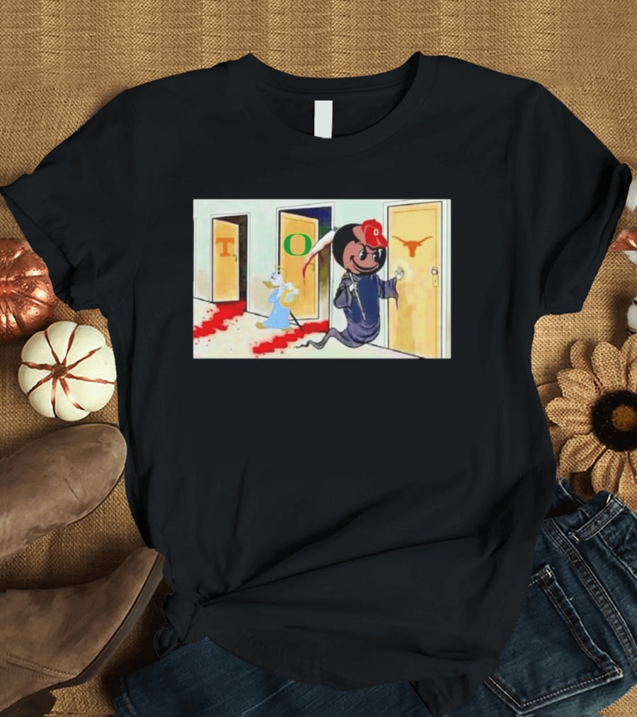 Ohio State Buckeyes Brutus Grim Reaper Knocking Texas Longhorns Door Cartoon T-Shirt