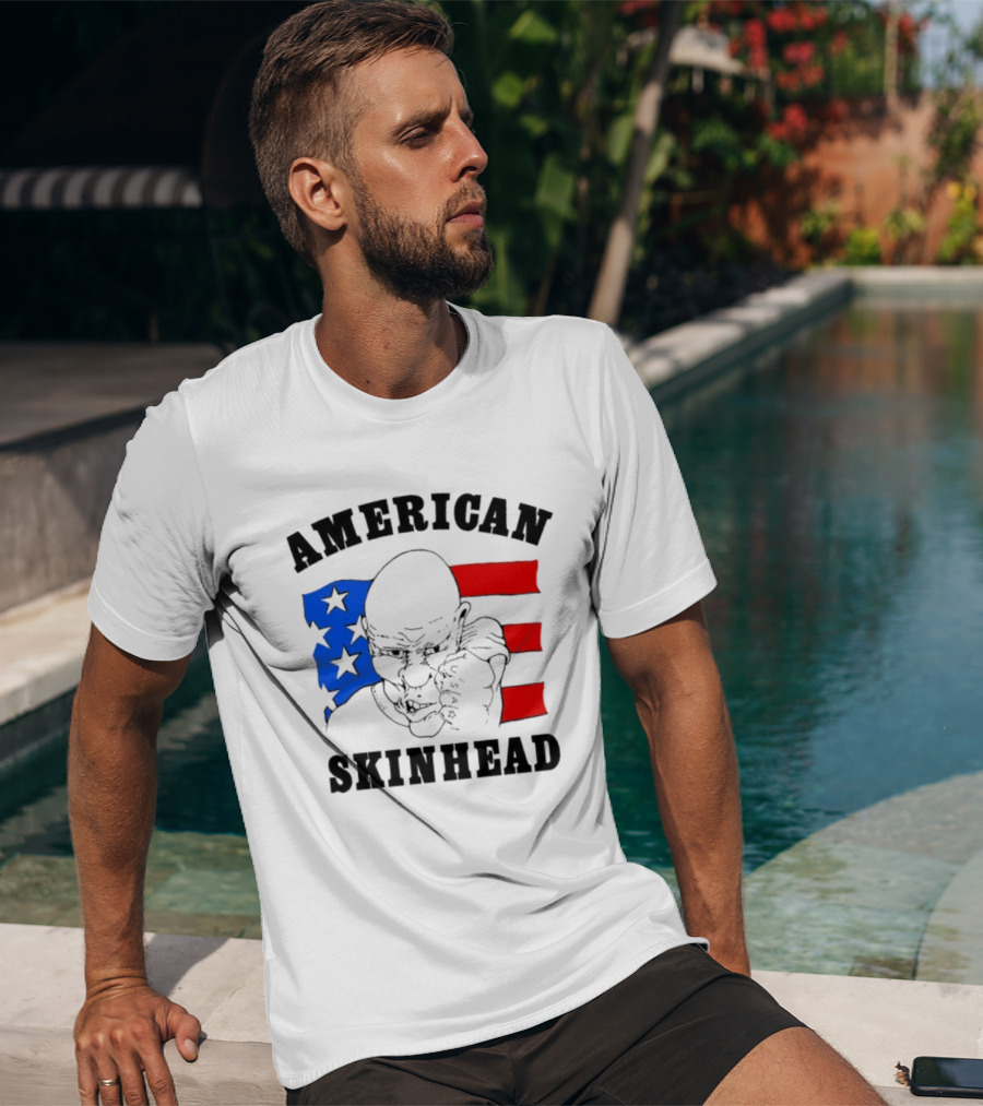 American Skinhead USA Bald Character With Flag Stars And Stripes T-Shirt