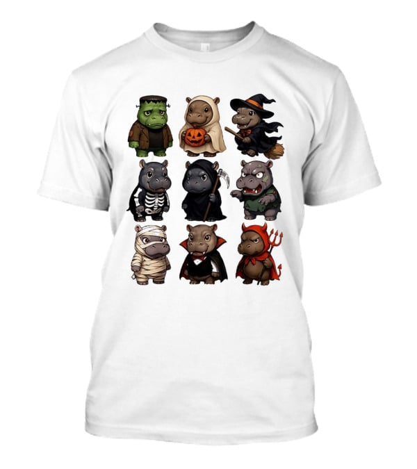 Baby Hippo Frankenstein Ghost Witch Skeleton Grim Reaper Zombie Mummy Dracula Devil Halloween 2025 T-Shirt