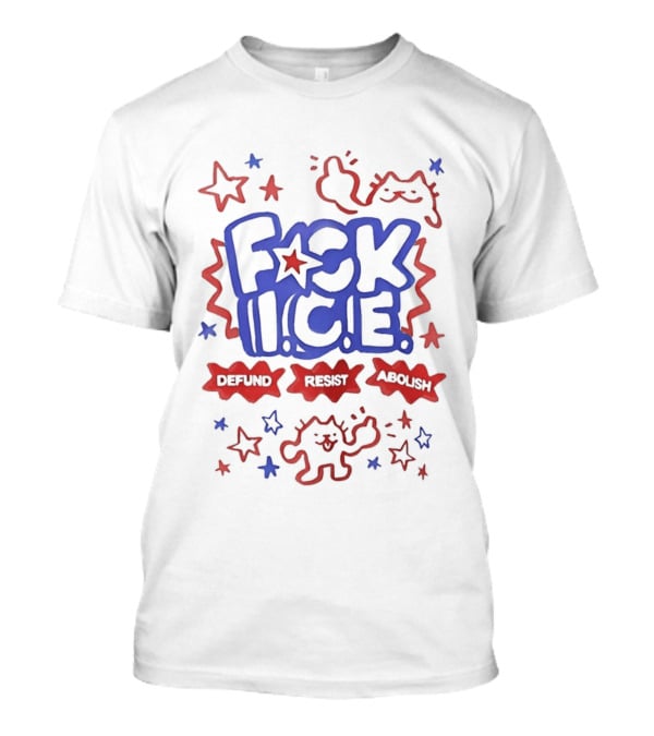 F*ck I.C.E. Defund Deport Abolish Cat Stars 1776 2026 American Flag T-Shirt