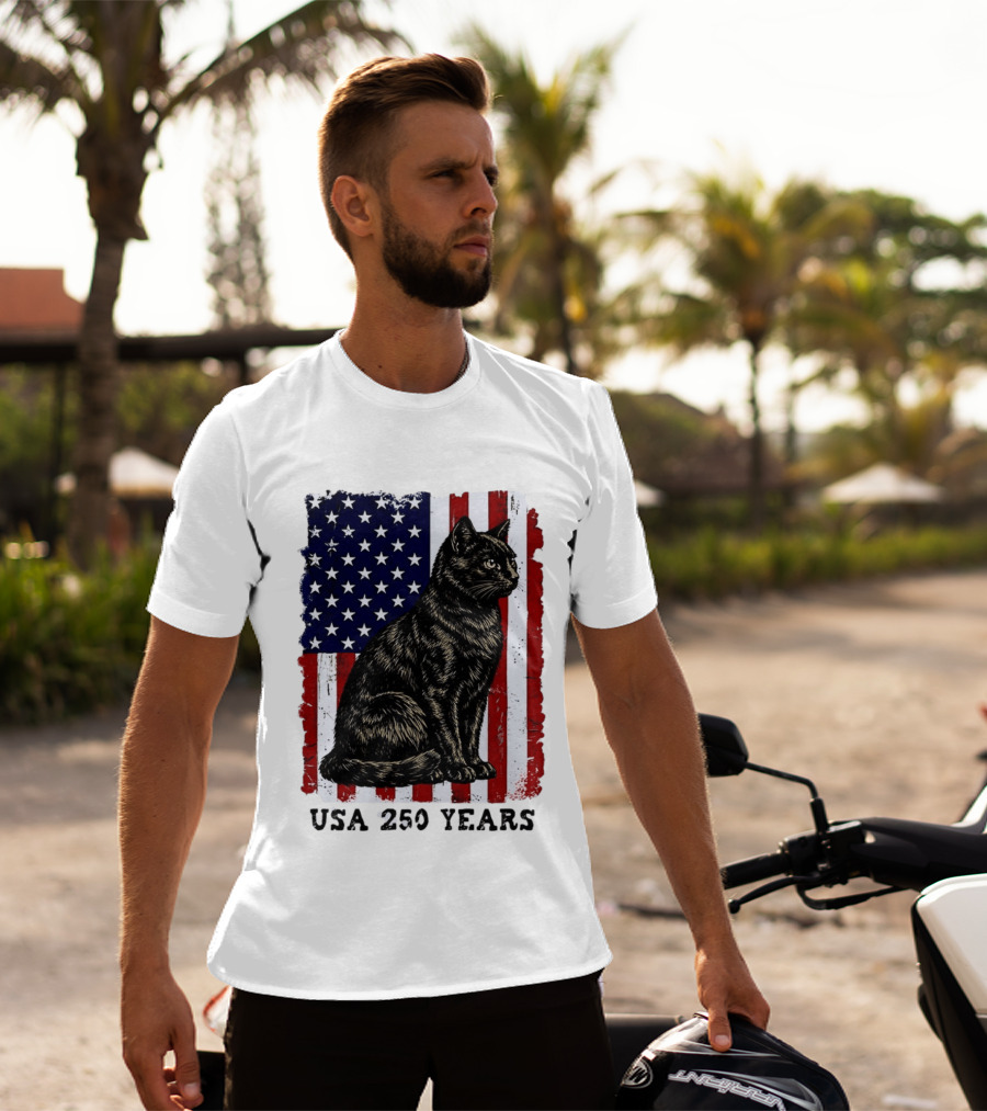 USA 250 Years Liberty Cat American Flag T-Shirt