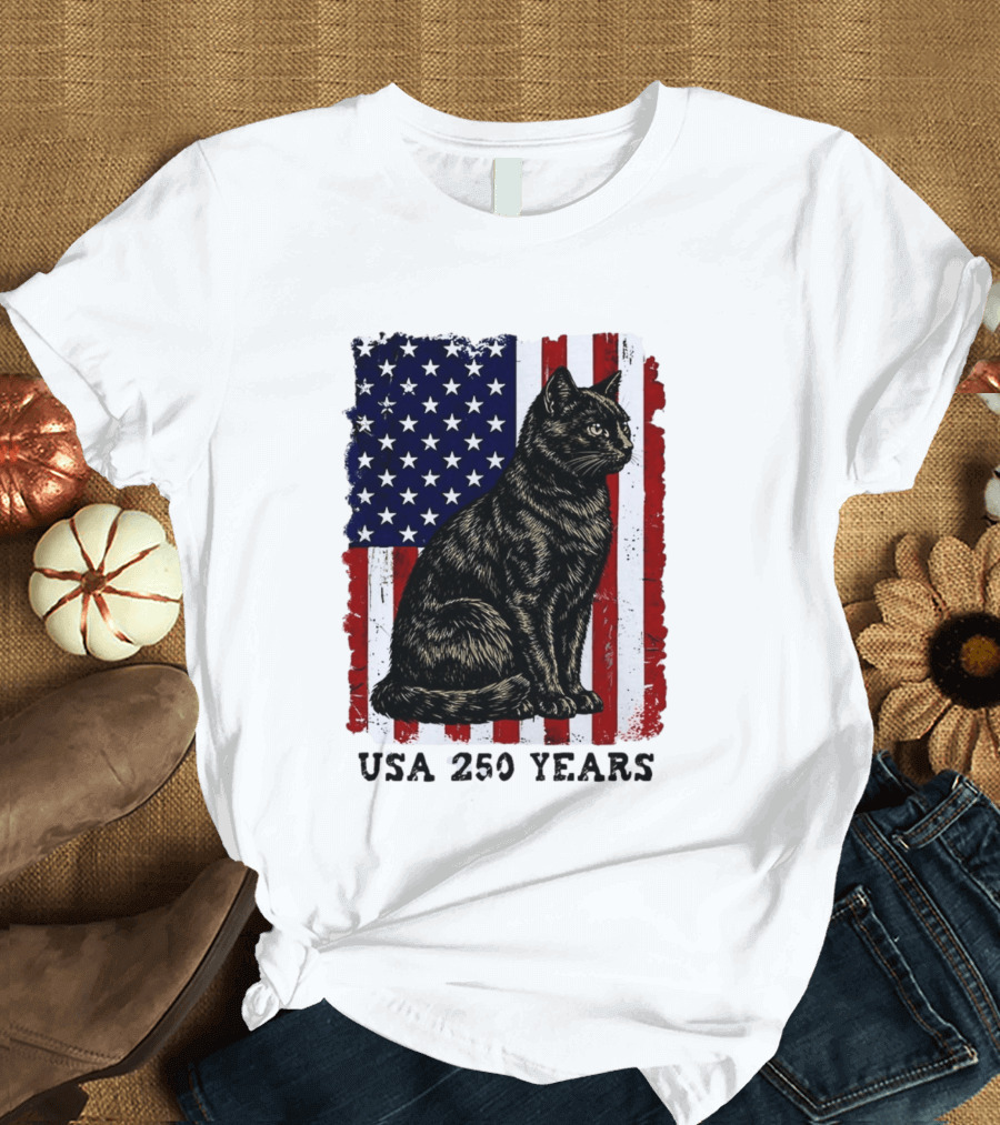 USA 250 Years Liberty Cat American Flag T-Shirt