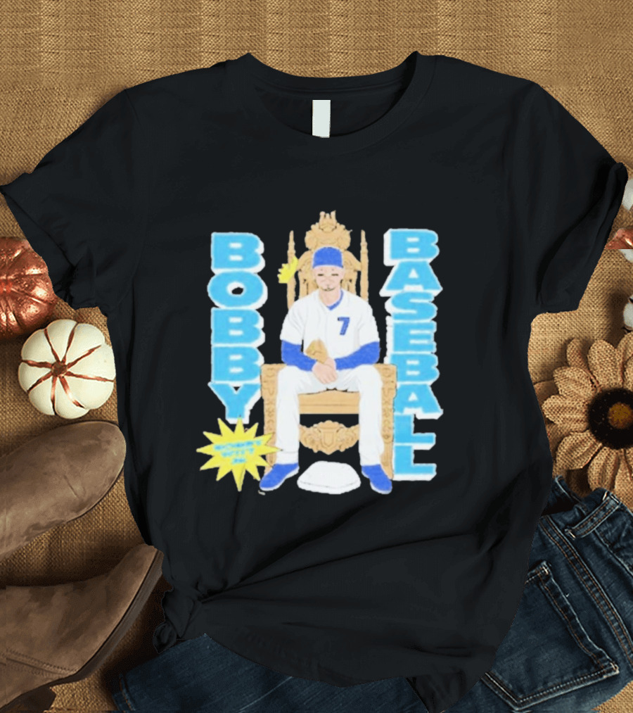 Bobby Baseball Throne Number 7 Blue Cap Batting Glove T-Shirt