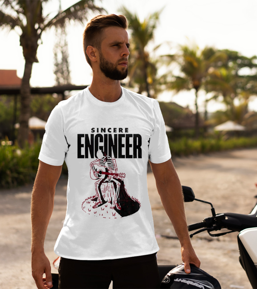 Sincere Engineer Skeleton Playing Guitar On Tree Stump T-Shirt