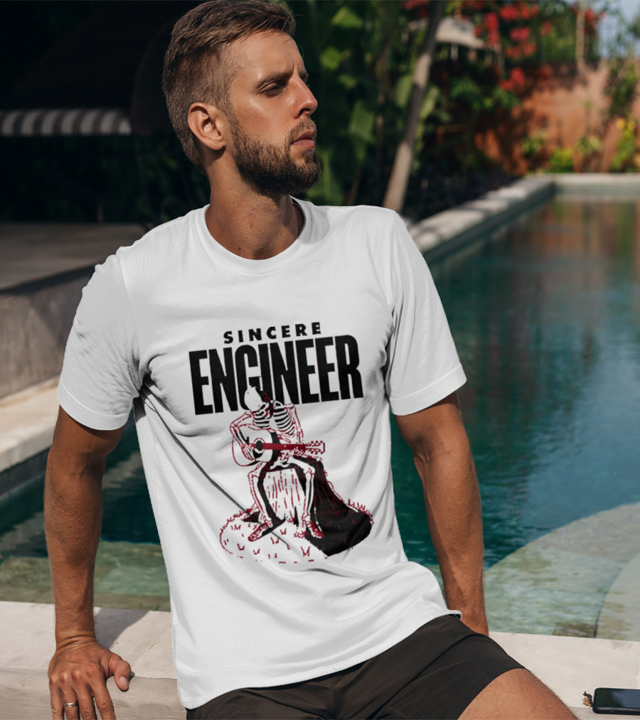 Sincere Engineer Skeleton Playing Guitar On Tree Stump T-Shirt
