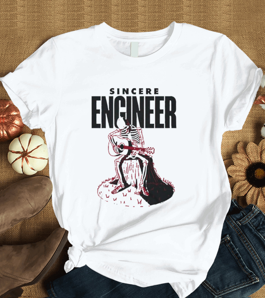 Sincere Engineer Skeleton Playing Guitar On Tree Stump T-Shirt
