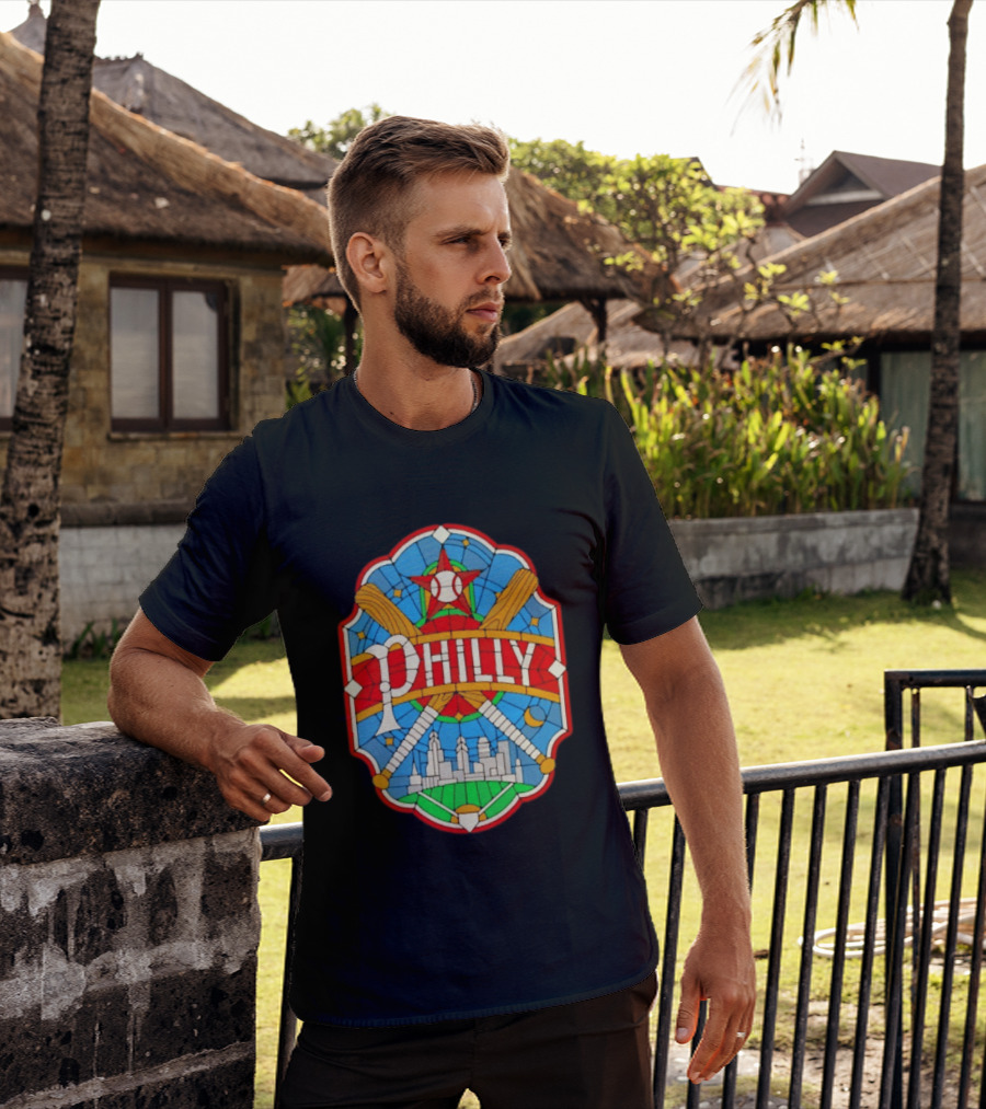 Philadelphia Phillies Stained Glass Philly Skyline Baseball Star Bats T-Shirt