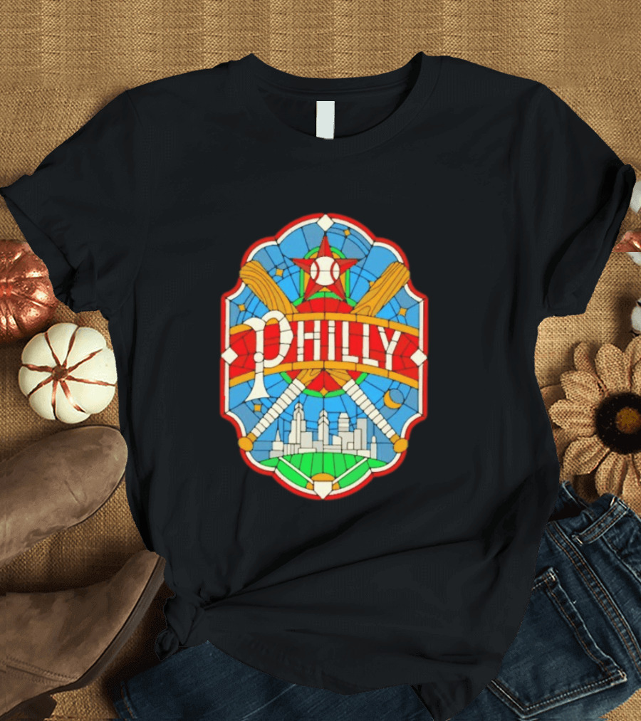 Philadelphia Phillies Stained Glass Philly Skyline Baseball Star Bats T-Shirt