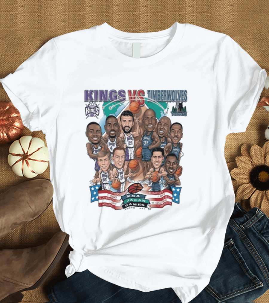 Kings Vs Timberwolves NBA Japan Games Tokyo 1999 Player Caricatures Basketball Showdown T-Shirt