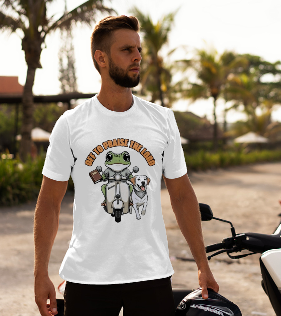 Off To Praise The Lord Frog Riding Scooter Labrador T-Shirt