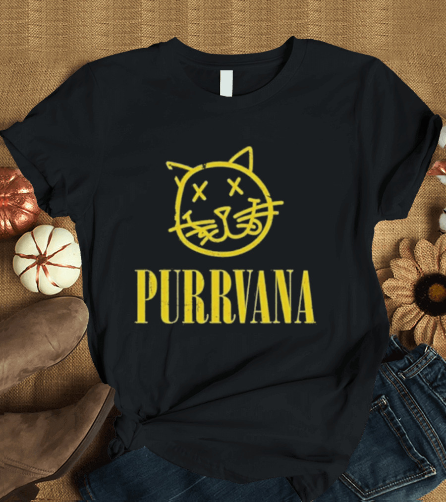 Purrvana Cat Face Yellow Grunge Style Kitty T-Shirt