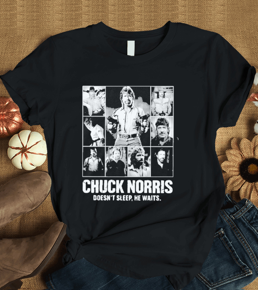 Chuck Norris Doesn't Sleep He Waits Iconic Photos Collage T-Shirt
