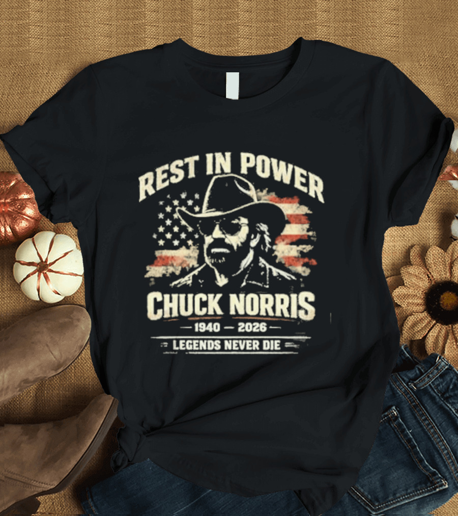 Rest In Power Chuck Norris 1940 2023 Legends Never Die American Flag T-Shirt