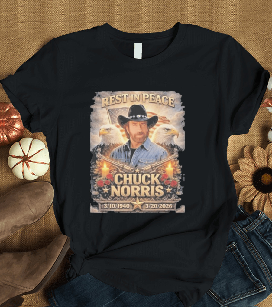Rest In Peace Chuck Norris With Bald Eagles American Flag And Candles T-Shirt