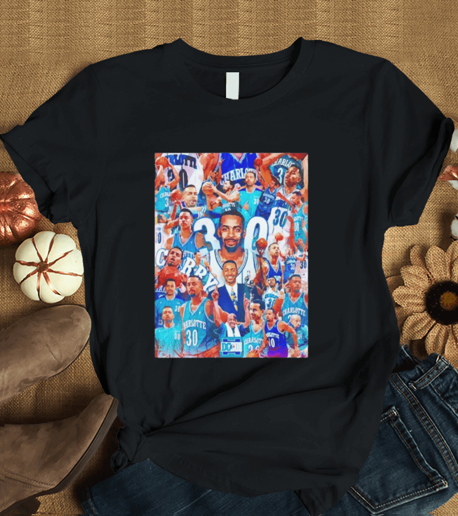 Dell Curry Charlotte Hornets 30 Jersey Collage Throwback T-Shirt