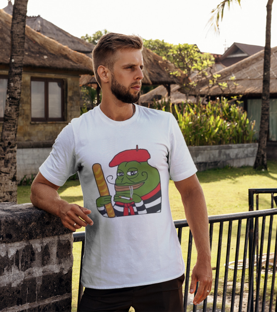 S French Pepe With Baguette And Cigarette Beret Comedy Meme T-Shirt