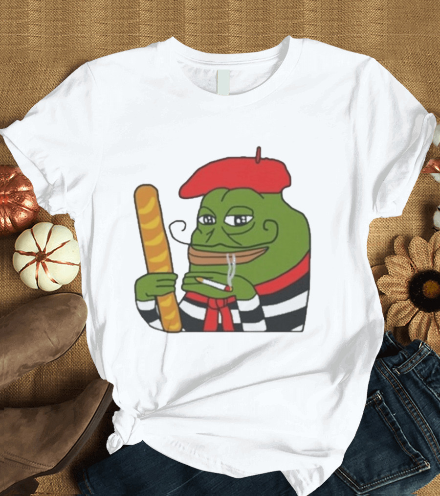 S French Pepe With Baguette And Cigarette Beret Comedy Meme T-Shirt