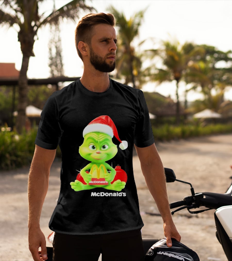 Santa Baby Grinch McDonald's Holding Happy Meal With Santa Hat And Gift Bags T-Shirt